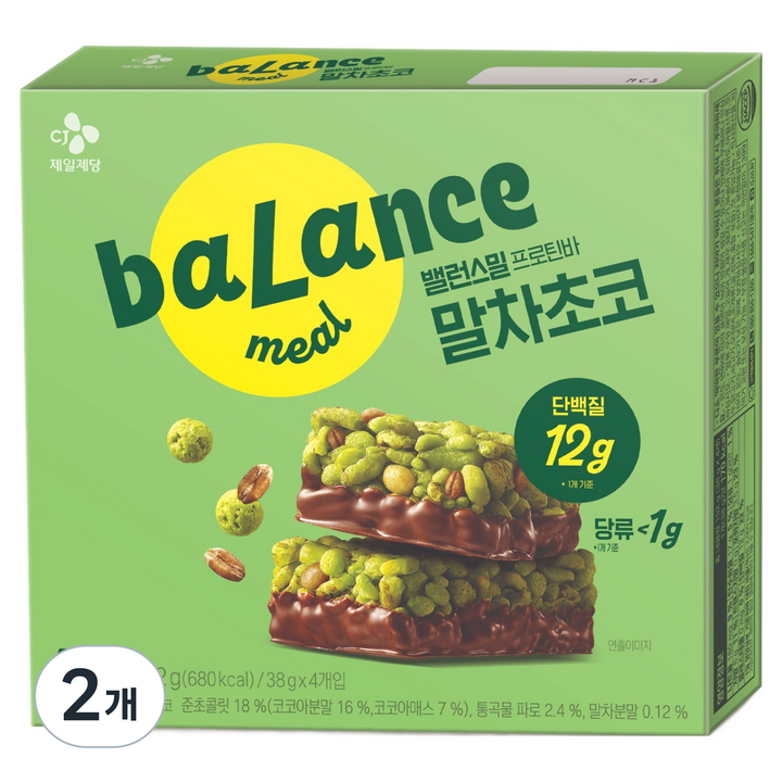 CJ제일제당 밸런스밀 저당 프로틴바 말차초코맛 4p, 152g, 2개