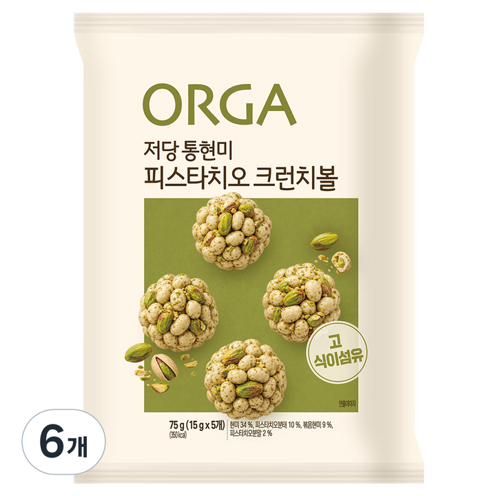 올가홀푸드 통현미 피스타치오 크런치볼, 75g, 6개
