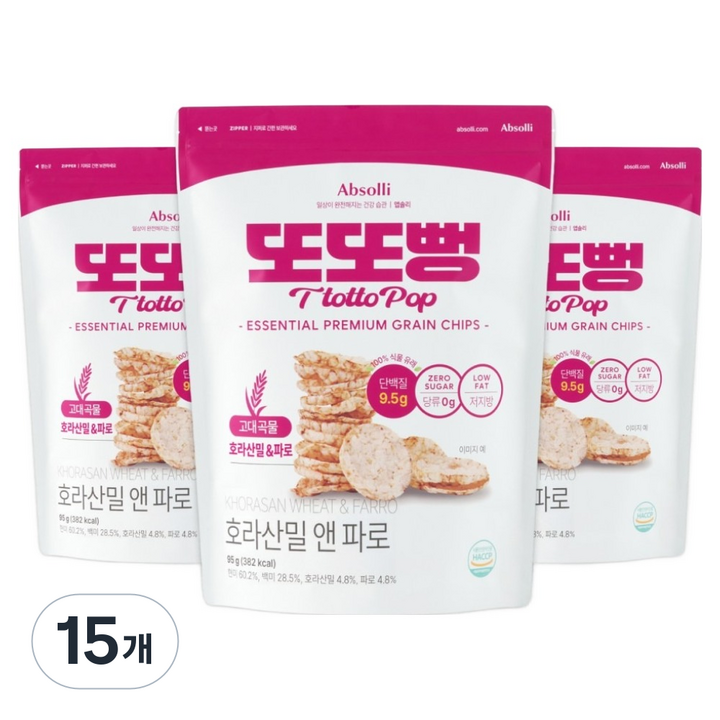 앱솔리 또또뻥 호라산밀 앤 파로 슈거제로 곡물칩, 15개, 95g