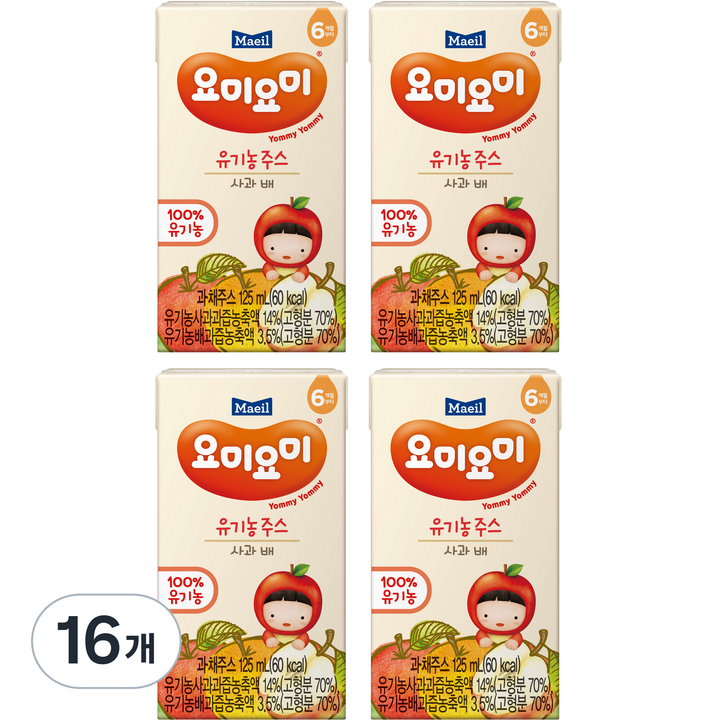 요미요미 유기농 주스 사과 배, 125ml, 16개