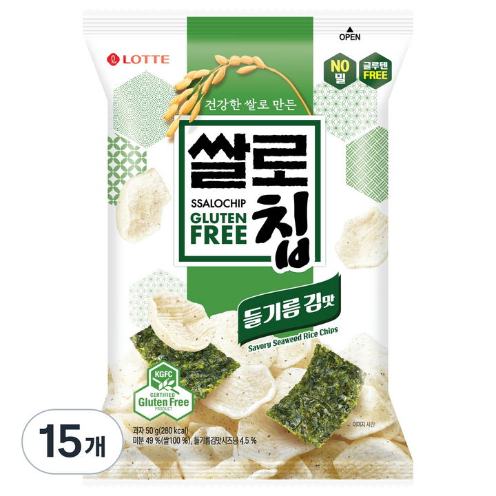 롯데웰푸드 쌀로칩 들기름 김맛, 50g, 15개