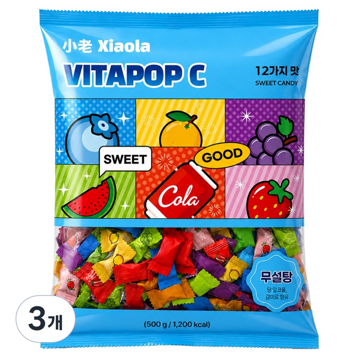 샤오라 비타팝C 무설탕 12가지맛 캔디, 500g, 3개