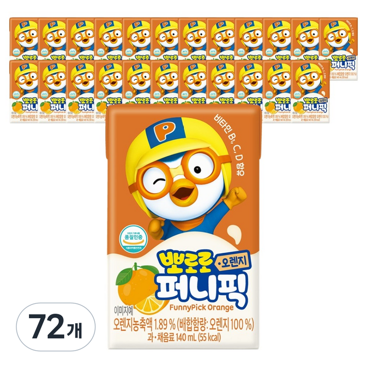 아이코닉스 뽀로로 퍼니픽 오렌지 주스, 72개, 140ml