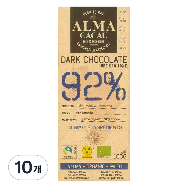 알마카카우 유기농 다크초콜릿 92%, 100g, 10개