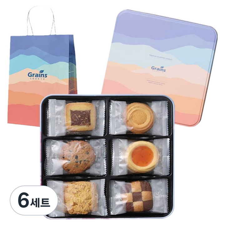 그래인스쿠키 베이커스초이스 틴케이스 쿠키 + 쇼핑백 세트, 쿠키 3p 6종, 6세트