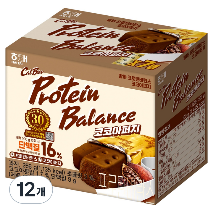 해태제과 칼바 프로틴 바란스 코코아퍼지 7p, 266g, 12개