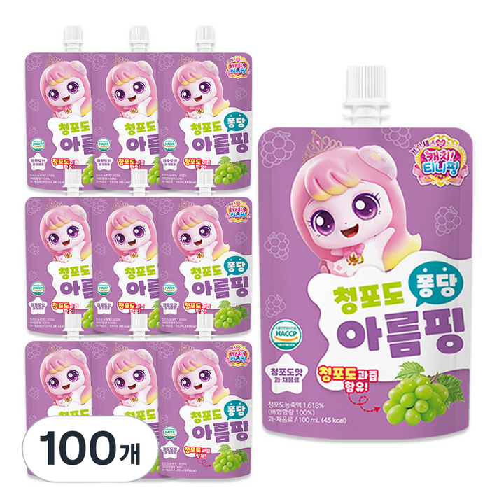 리더스인팜 캐치티니핑 퐁당 음료수 아름핑 청포도맛, 100개, 100ml