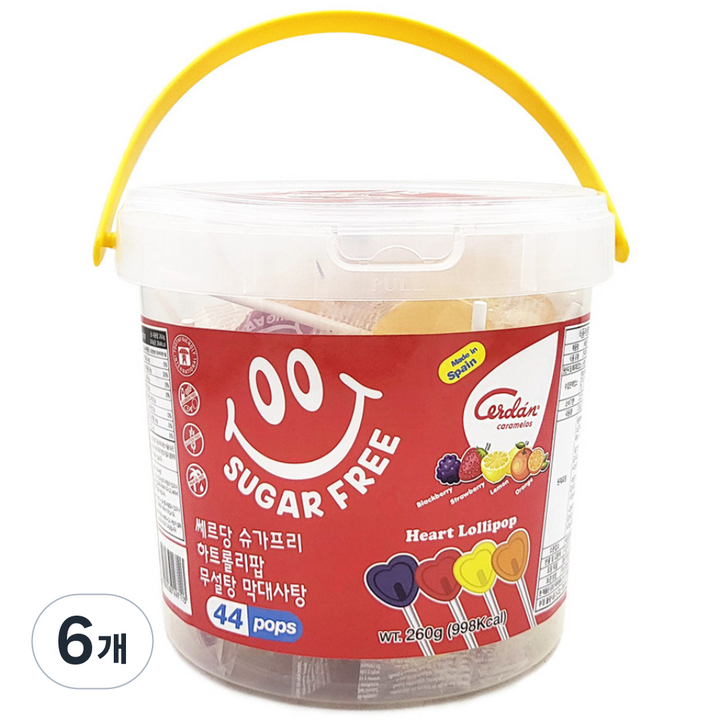 카라멜세르단 쎄르당 슈가프리 하트롤리팝 무설탕 막대사탕, 260g, 6개