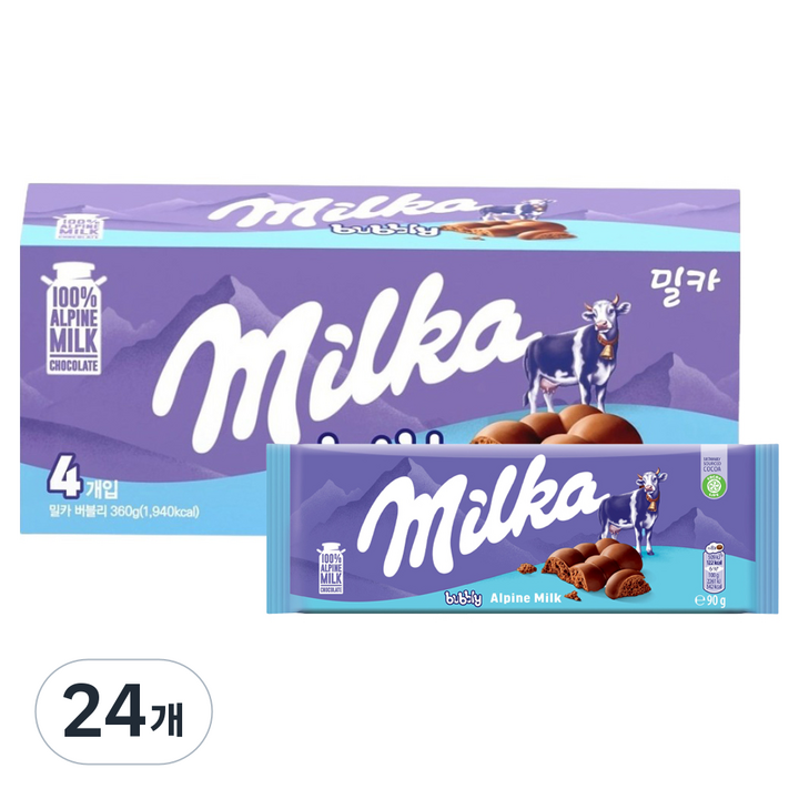 밀카 버블리 밀크초콜릿 4p, 360g, 6개
