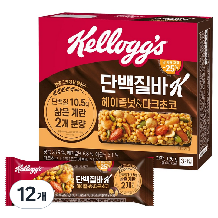 켈로그 단백질바K 헤이즐넛 & 다크초코, 120g, 12개