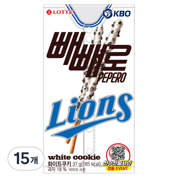 빼빼로 화이트쿠키 KBO 삼성 라이온즈, 37g, 15개