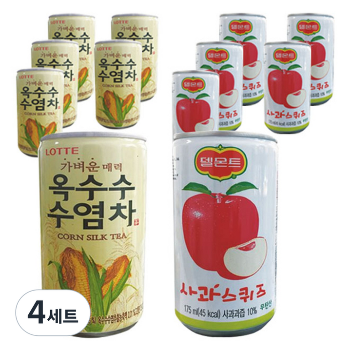 롯데 가벼운매력 옥수수 수염차 175ml x 6p + 델몬트 사과 스퀴즈 175ml x 6p, 4세트