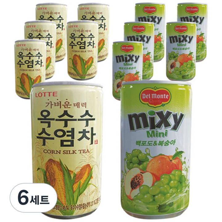 롯데 가벼운매력 옥수수 수염차 175ml x 6p + 델몬트 믹시미니 백포도 & 복숭아 175ml x 6p, 6세트