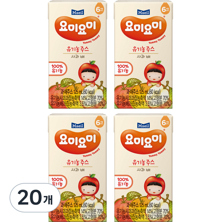 요미요미 유기농 주스 사과 배, 125ml, 20개