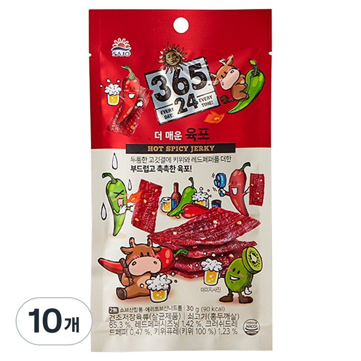 해표 365 24 더 매운 육포, 30g, 10개