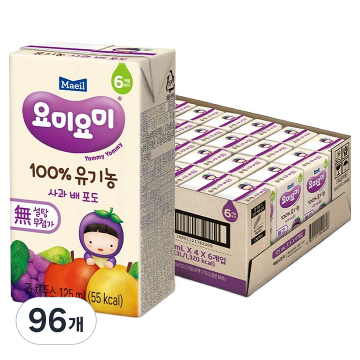 요미요미 100% 유기농 주스 사과 배 포도, 125ml, 96개