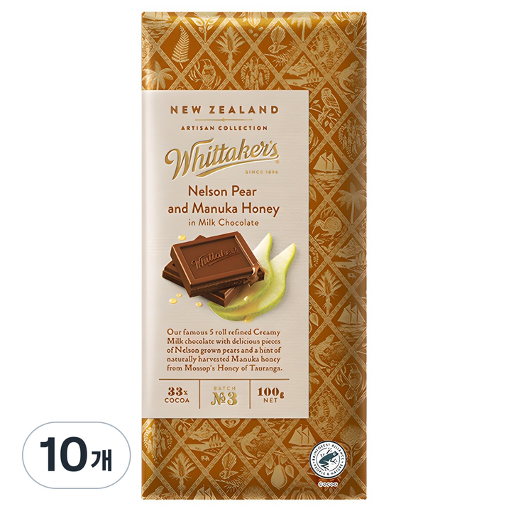 휘태커스 넬슨페어 앤 마누카꿀 밀크초콜릿, 100g, 10개