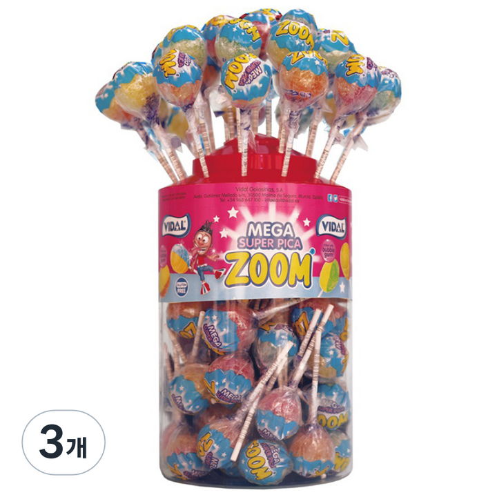 비달 메가 수퍼 피카 줌 필드 위드 버블껌 막대사탕, 20g, 3개