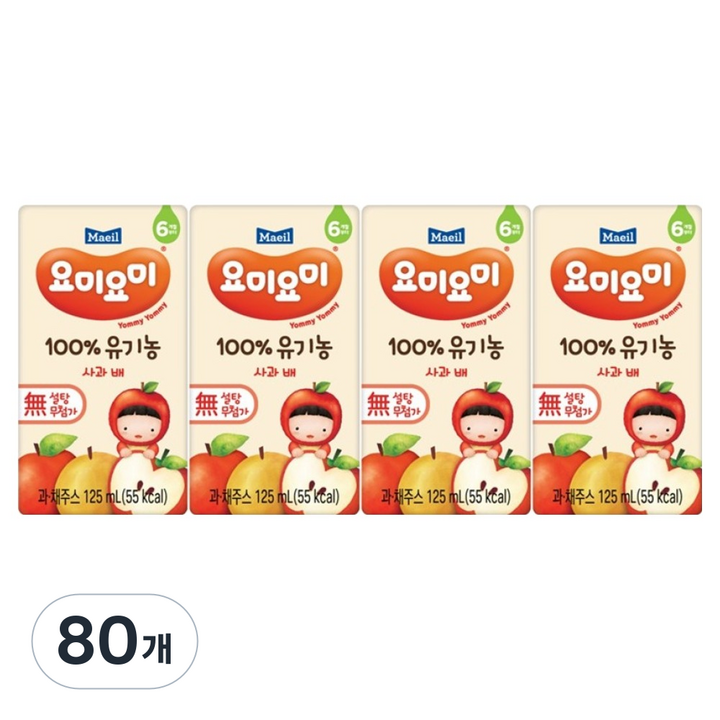 요미요미 100% 유기농 주스 사과 배, 125ml, 80개
