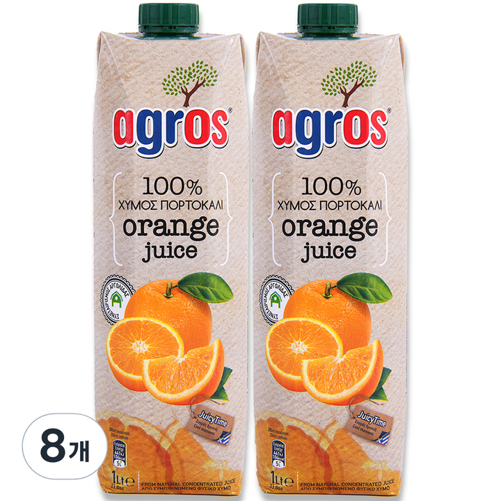 아그로스 100% 오렌지주스, 8개, 1L