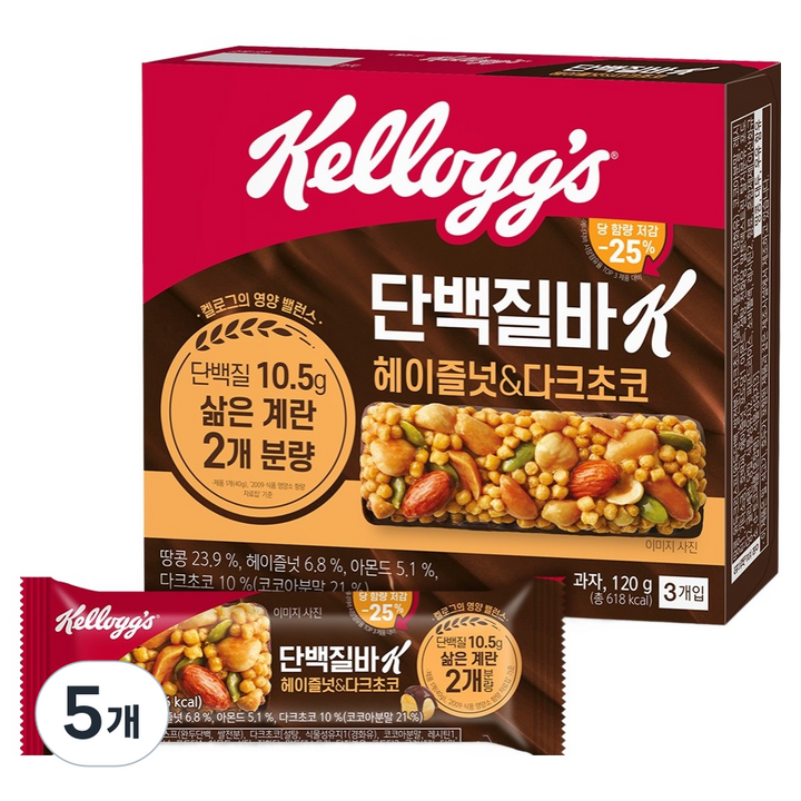 켈로그 단백질바K 헤이즐넛 & 다크초코, 120g, 5개