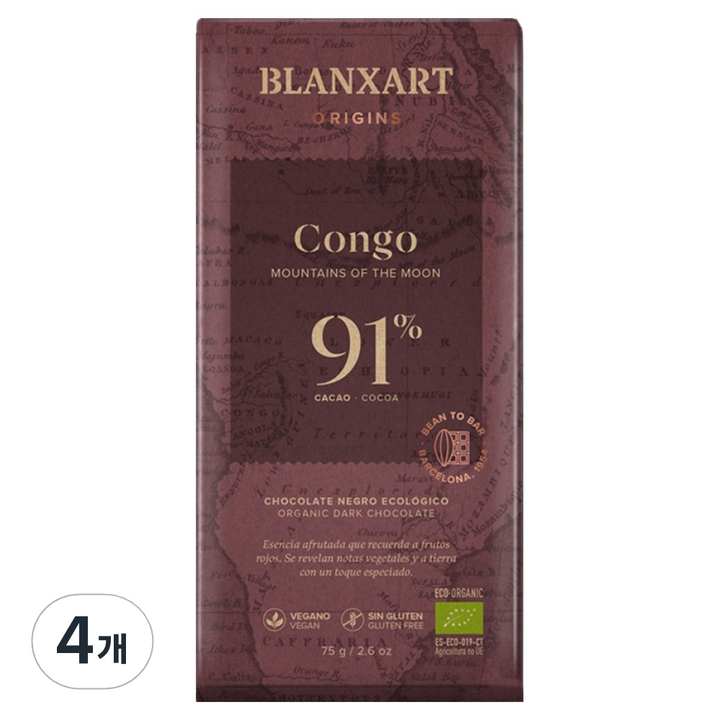 블랑사르트 유기농 다크 91% 빈투바 초콜릿, 4개, 75g