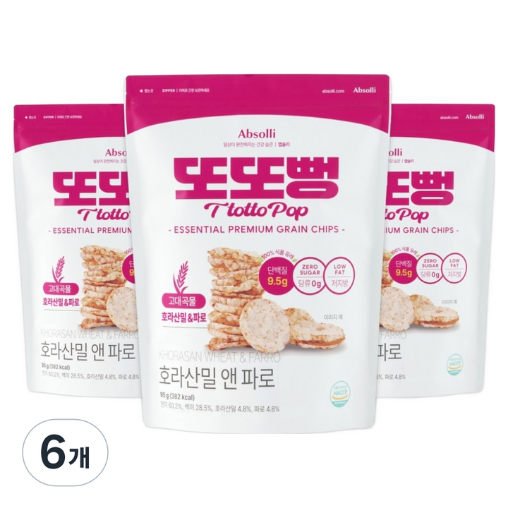 앱솔리 또또뻥 호라산밀 앤 파로 슈거제로 곡물칩, 6개, 95g