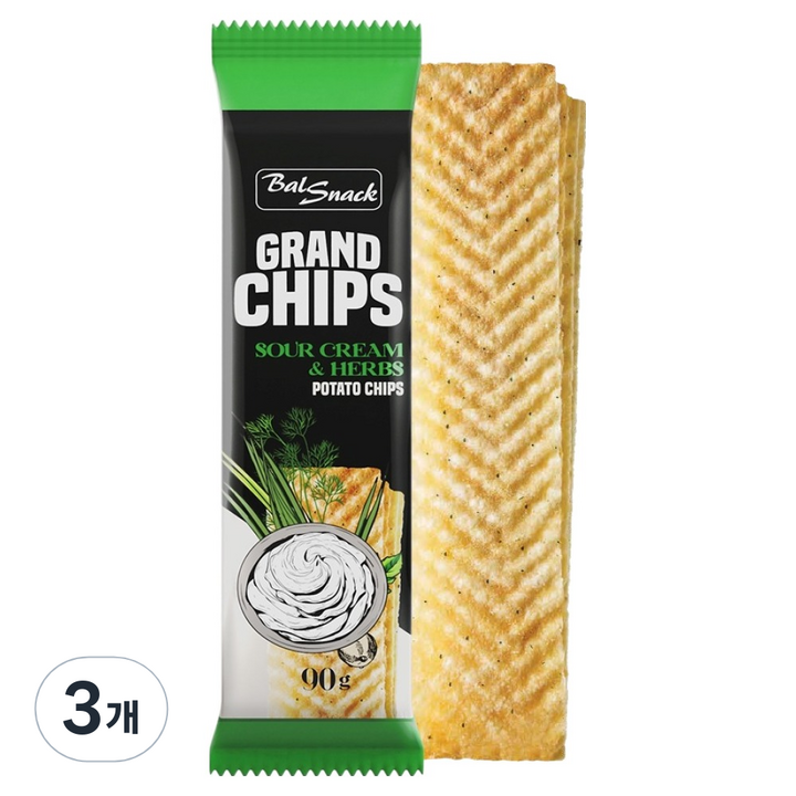 발스낵 그랜드 감자칩 사워크림앤허브, 90g, 3개