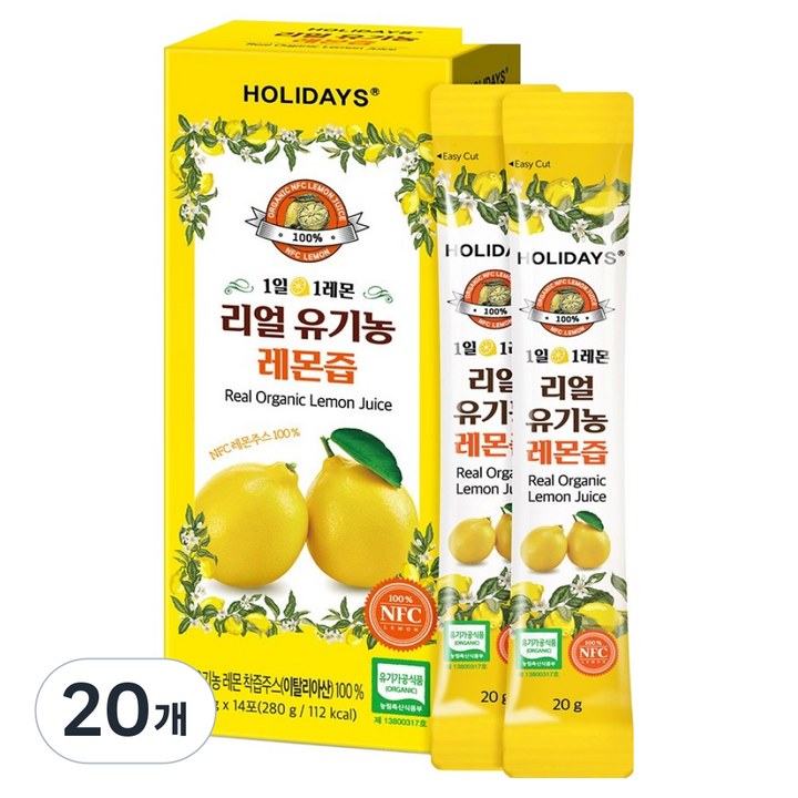홀리데이즈 NFC 착즙 100% 리얼 유기농 레몬즙 14포, 280g, 20개