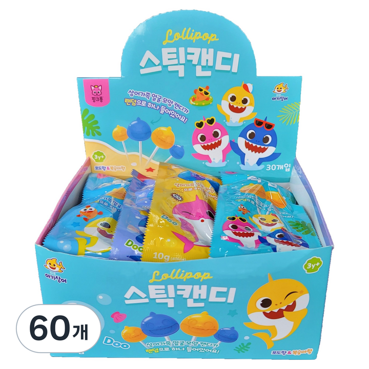 핑크퐁 아기상어 스틱캔디 복숭아향 포도향 랜덤발송, 60개, 10g