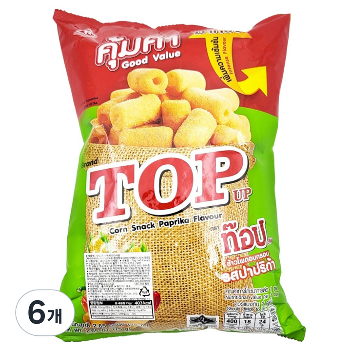 탑업 파이분 콘 스낵 파프리카 플레이버, 6개, 75g