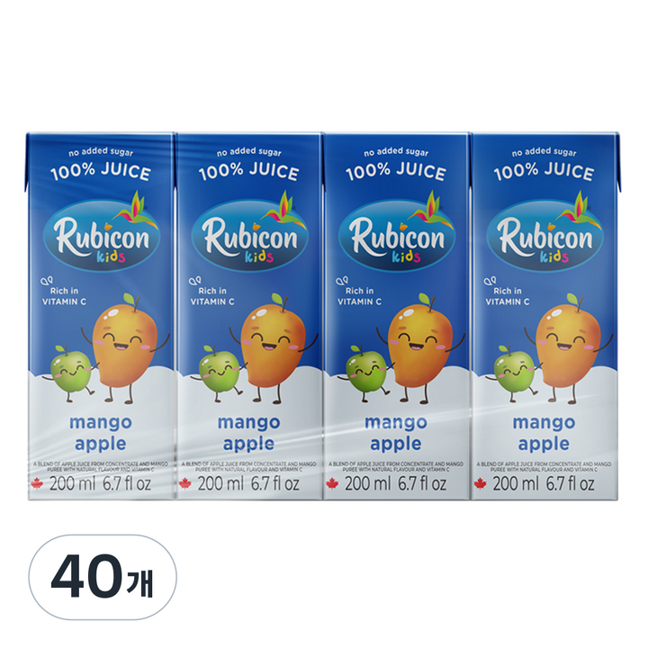 rubicon 망고앤애플주스 no added sugar, 200ml, 40개