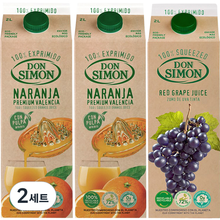 돈시몬 착즙 오렌지 주스 2L x 2p + 적포도 주스 2L 세트, 6L, 2세트