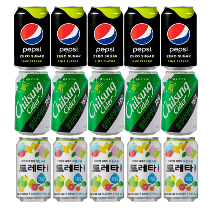 펩시콜라제로355ml 5개 + 제로사이다355ml 5개 + 토레타340ml 5개, 355ml, 1세트