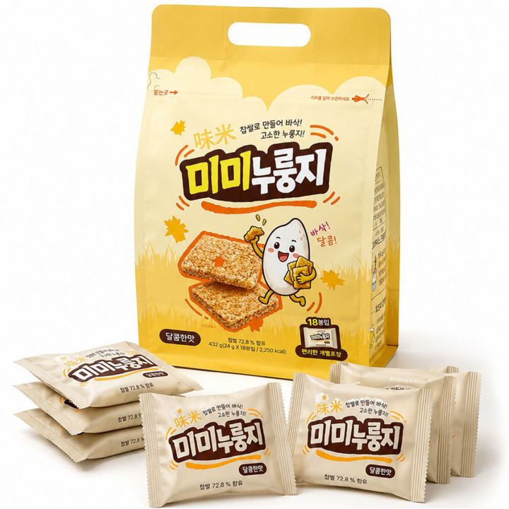 누룽지 달콤한 맛 옛날 찹쌀누룽지 스낵 과자 미미누룽지, 432g, 3개