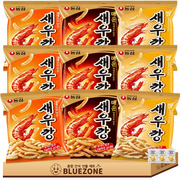 [블루존] 새우깡 과자 3종 세트 농심 새우깡3 매운새우깡3 쌀새우깡3 버크3, 80g, 9개