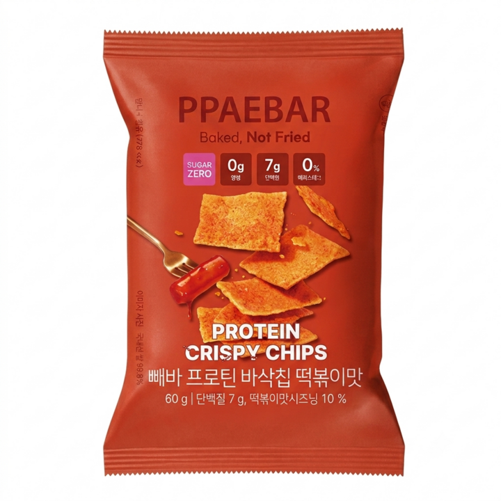 빼바 프로틴칩 바삭칩 떡볶이맛 단백질칩 당류 0g 다이어트 간식, 5개, 60g