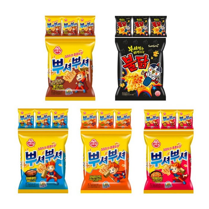뿌셔뿌셔 + 라면스낵 5종 20개 (뿌셔뿌셔 불고기맛4+바베큐맛4+양념치킨맛4+떡볶이맛4+부셔먹는 라면스낵 불닭4), 1세트, 90g