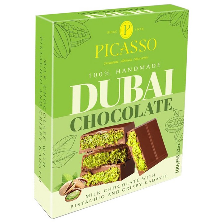 피카소 두바이 초콜릿 피스타치오 카다이프 수제 초콜렛 바삭한 HALAL Dubai Chocolate, 1개, 100g