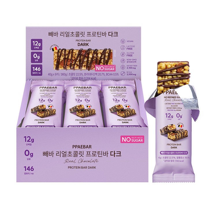 헬시플레이스 빼바 리얼초콜릿 프로틴바 다크 40g 9EA (1박스), 360g, 2개