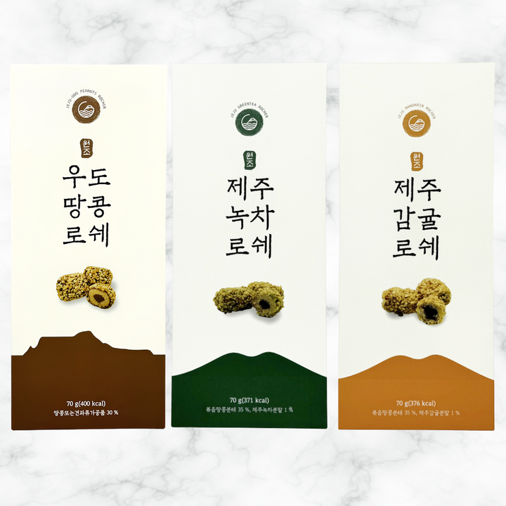 제주 우도땅콩 로쉐 70g+감귤로쉐 70g+녹차로쉐 70g 제주기념품 선물세트, 1개, 210g