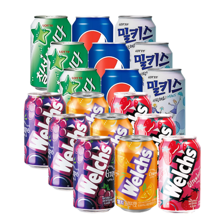[안녕골목마켓]총18캔, 웰치3종3캔씩+콜라3+사이다3+밀키스3, 340ml