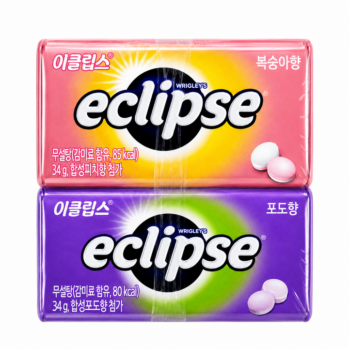 이클립스 복숭아향 포도향 2종세트 4개입 무설탕 캔디 34g x 4개 (구성 : 복숭아향 2개 + 포도향 2개), 4개