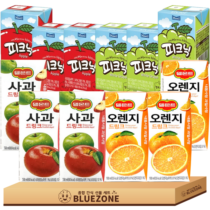 [블루존] 주스 팩음료 B세트 델몬트 오렌지3 사과3 피크닉 사과3 청포도3, 12개, 190ml