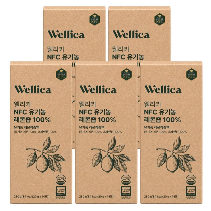 웰리카 레몬수 NFC 유기농 레몬즙 100% 20g x 14포, 5개, 280g