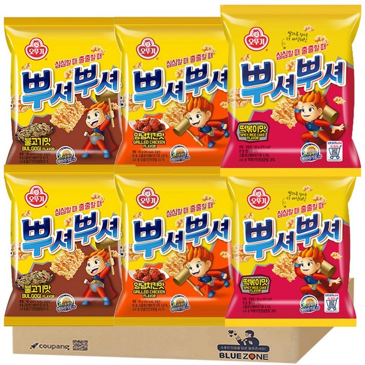 [블루존] 뿌셔뿌셔 6개 세트 (양념치킨맛90g+떡볶이맛90g+불고기맛90g) x2, 1개, 90g
