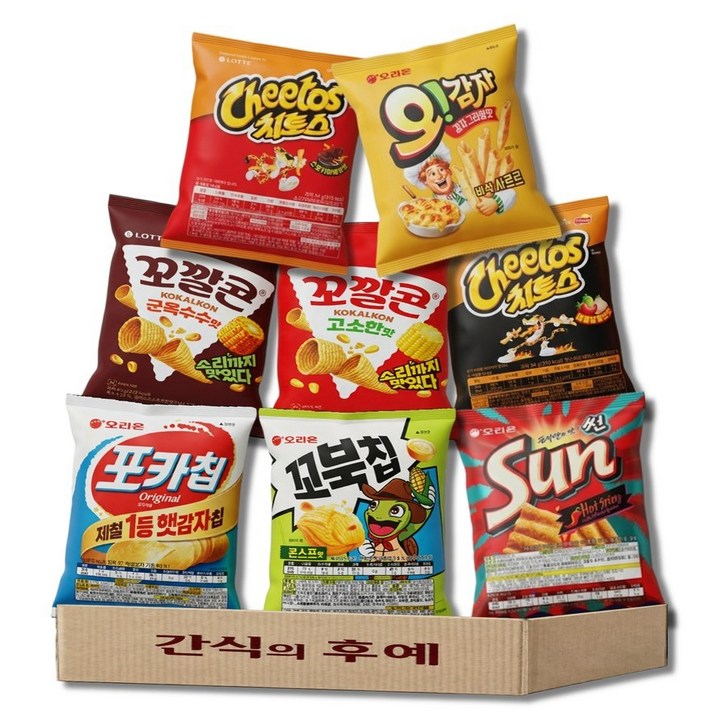 봉지 과자 세트 오리온 스낵모음 포카칩 꼬북칩 오감자 꼬깔콘 치토스, 1개, 8종-1호