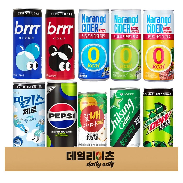 소캔 제로칼로리 탄산음료 10캔 (펩시제로 칠성사이다제로 마운틴듀 밀키스제로 나랑드제로3종 탐스제로파인 탐스제로사과 갈배사이다제로), 1개, 245ml
