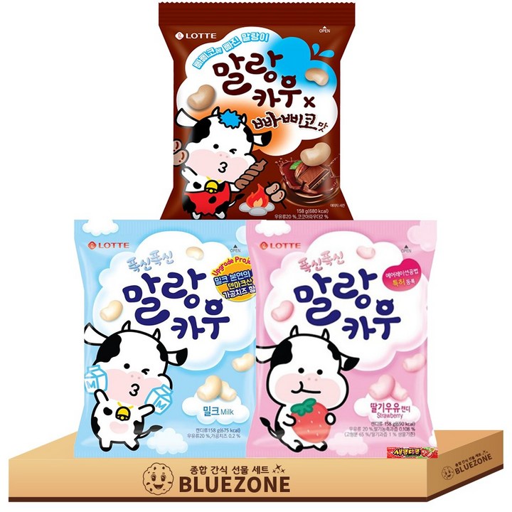 [블루존] 말랑카우 대용량 3종 세트 밀크158g 딸기158g 빠삐코158g 새콤달콤스틱29g, 503g, 1박스
