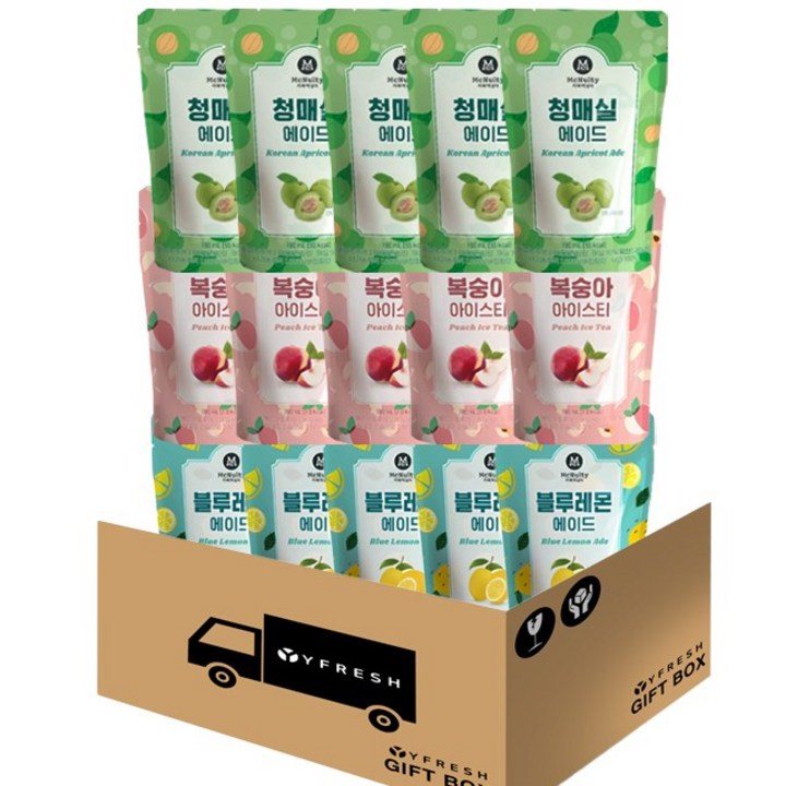 [YFRESH]맥널티 아이스티3종(복숭아 블루레몬에이드 청매실에이드) 각 190ml x 5 총 15개 + YFRESH박스, 1개